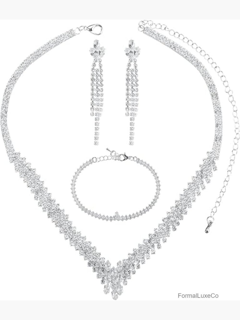 3-Piece Silver Rhinestone Jewelry Set: Necklace Bracelet Earrings for Bridal